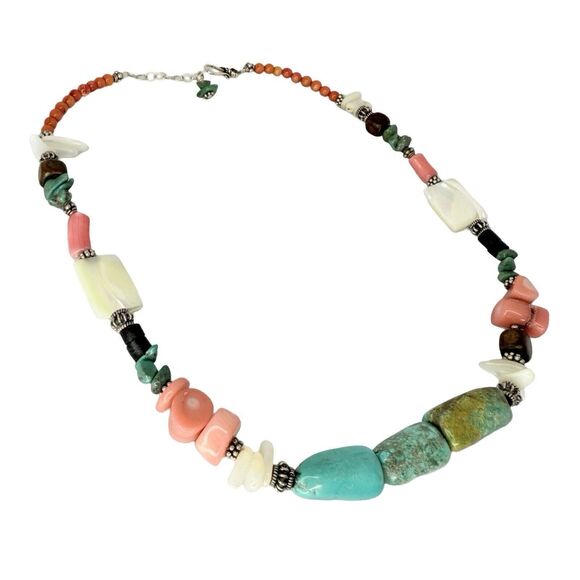 925 Sterling Silver Turquoise Necklace 18.5"   Beaded Coral Accents - Picture 14 of 14